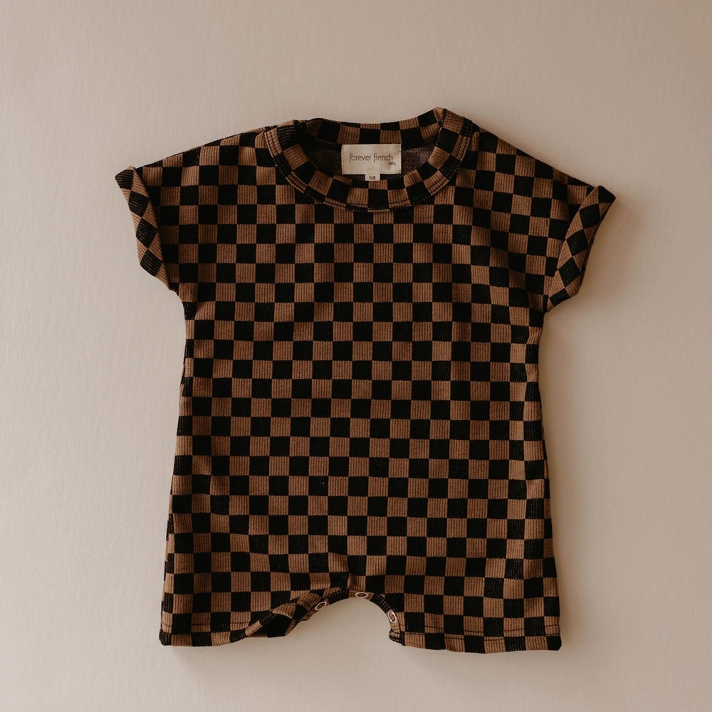 Forever French Short Sleeve Ribbed Romper I Black and Brown Checkerboard